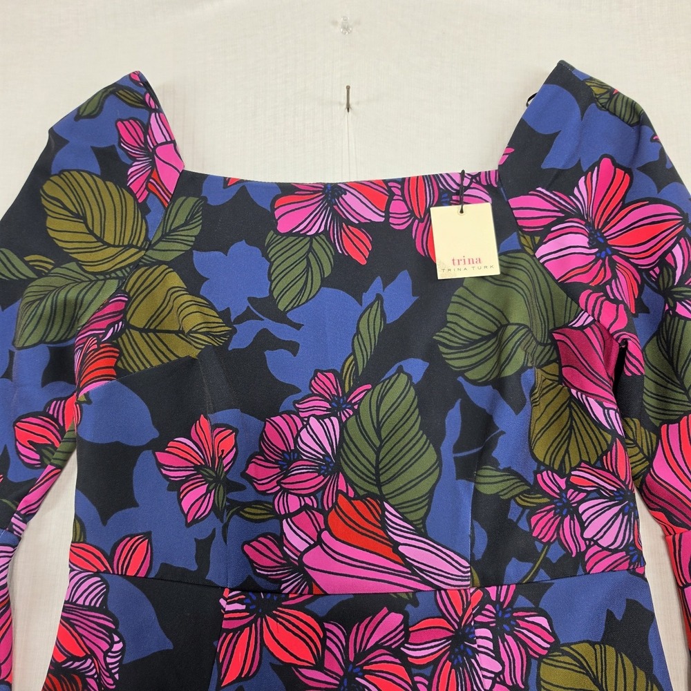 NWT Trina Trina Turk Pink Blue Floral Bell Sleeve Shift Dress Size 6 Retro Mod - Picture 2 of 12